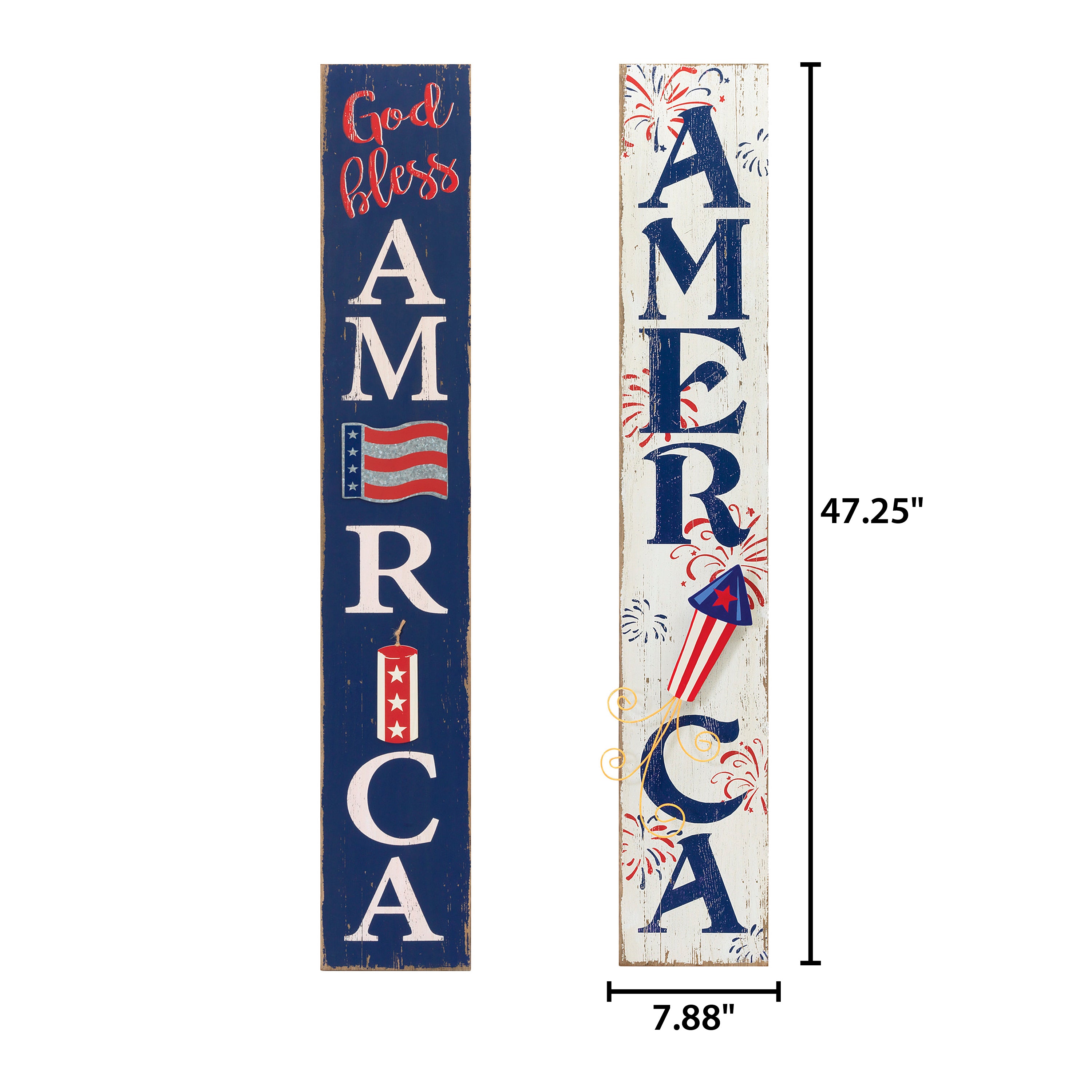 47.25 Inch Wood Patriotic Wall Decor with Metal Accents and Firecrackers Set of 2